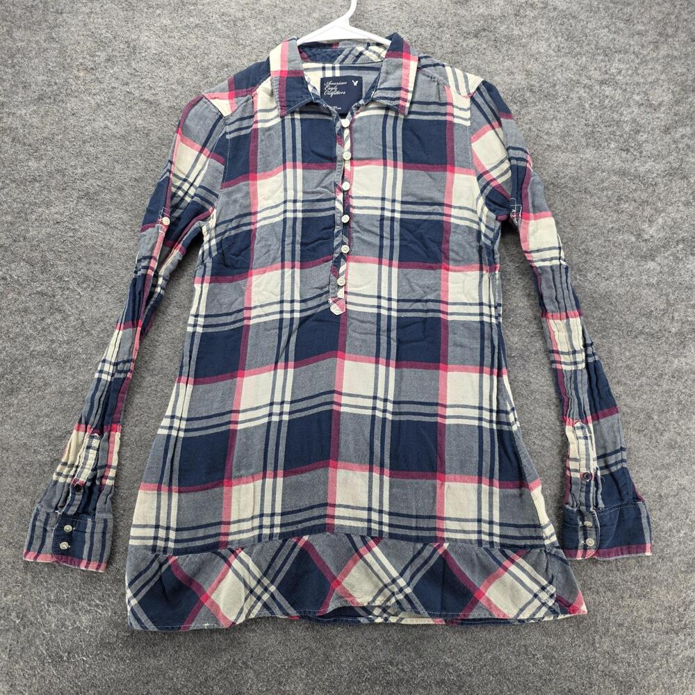 American Eagle Shirt Womens 4 Blue Pink Plaid Button Down Long Sleeve Casual